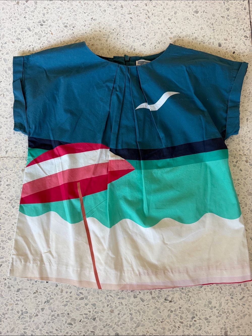 Jacadi Girls' Colorblock Beach Print Top - Teal, Pink & White